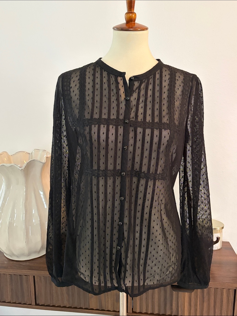Sheer Black‎ Dotted Lace Button-Front Blouse